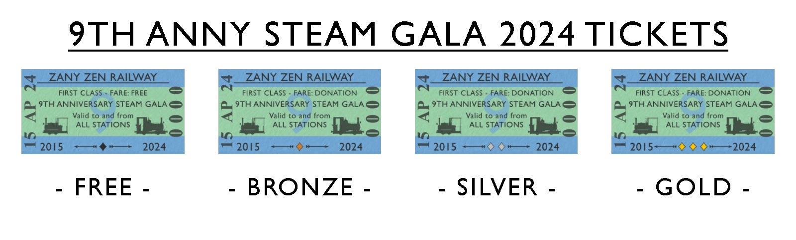 The Zany Zen Railway 9th Anny steam gala ticket designs