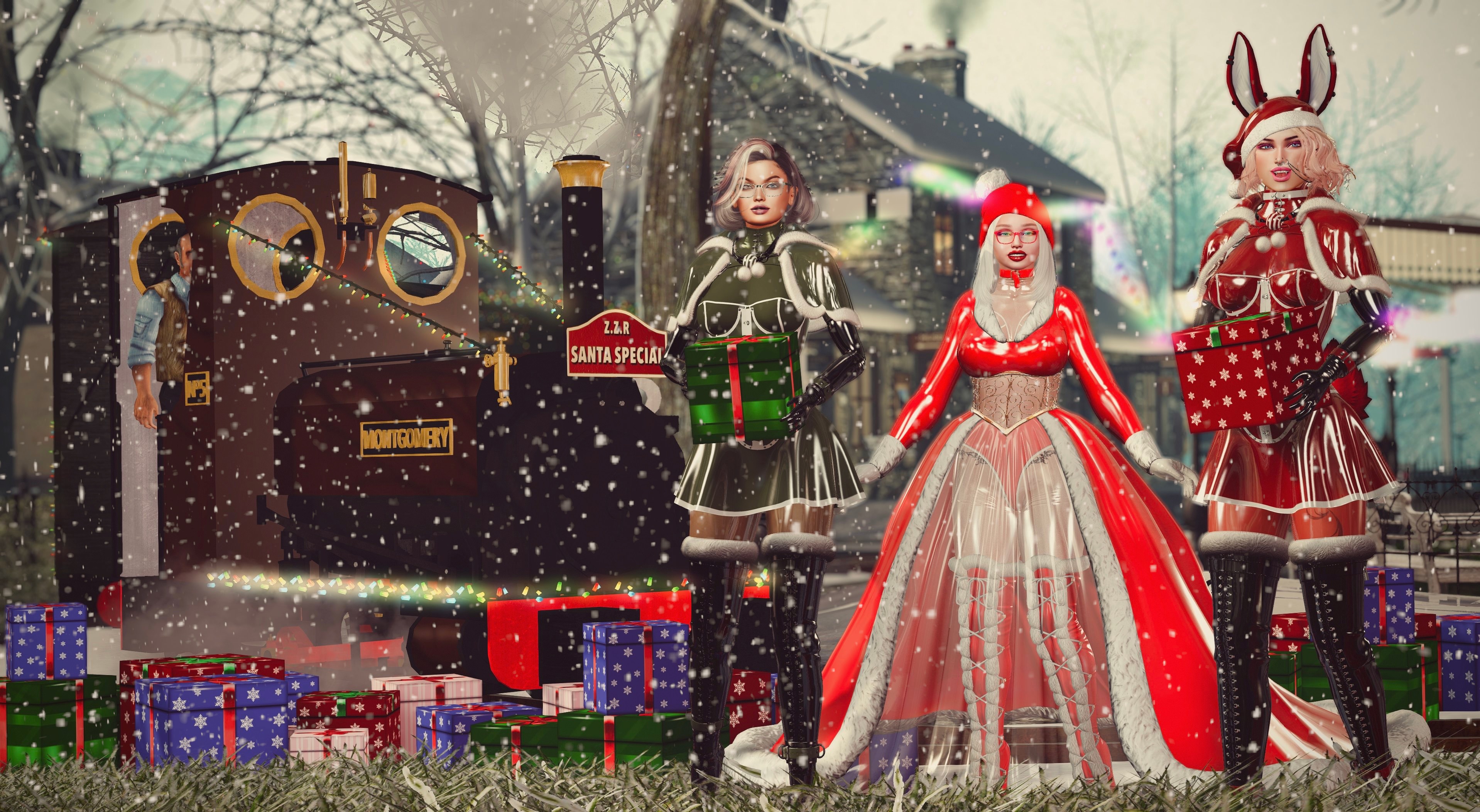 Eesoov Elan, Amalia Illios and Zen Swords-Galway standing beside the Zany Zen Railway in the snow with gifts wishing everyone a merry celebrations