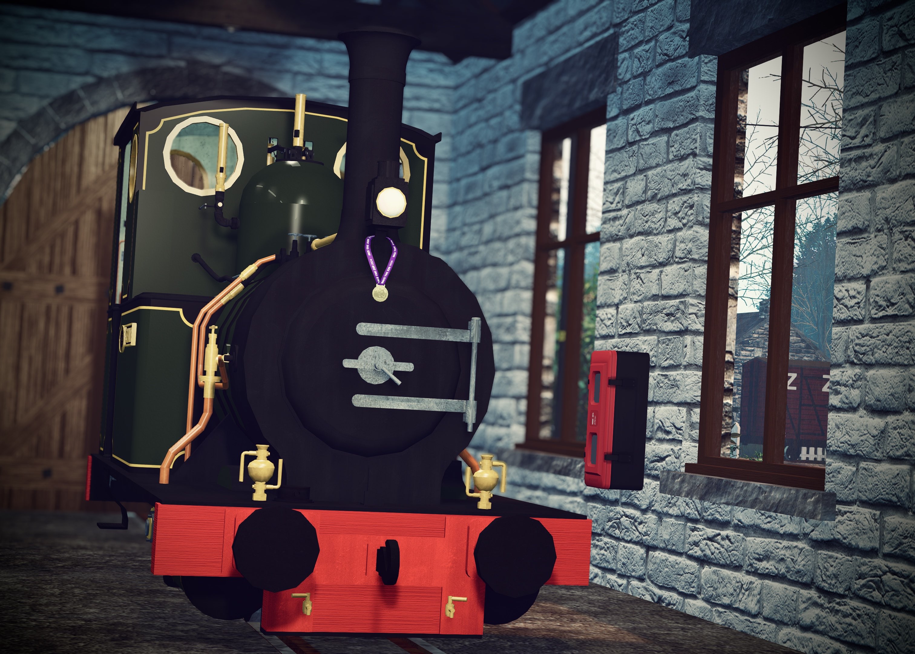 The Zany Zen locomotive Gwlith with Race the ZZR Medal on its lamp