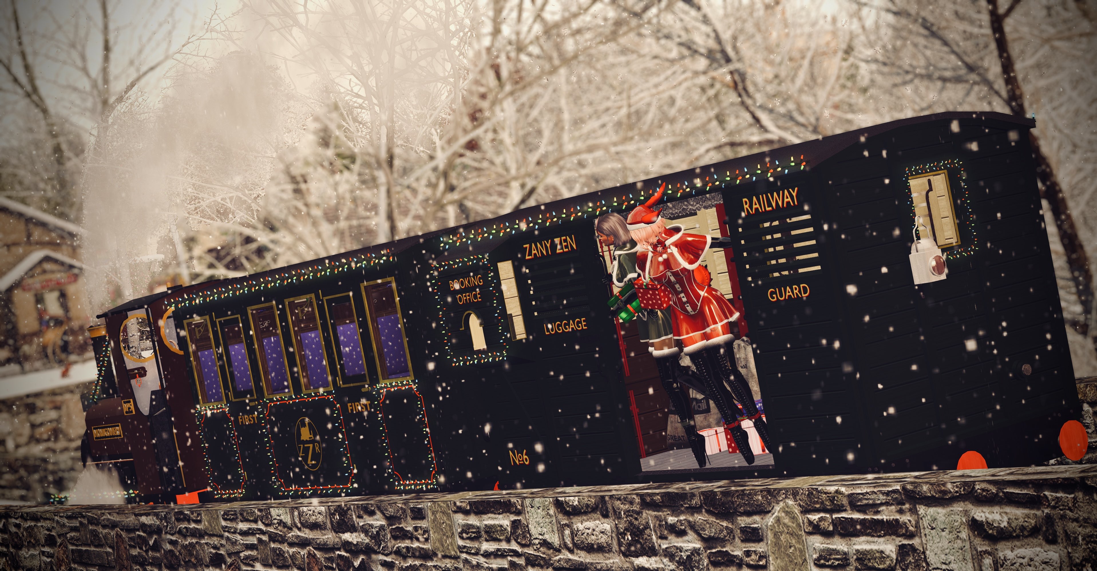 Eesoov Elan and Zen Swords-Galway leaning out of the guards van both holding gifts as they pull in to a Snowy Seogyeo station.