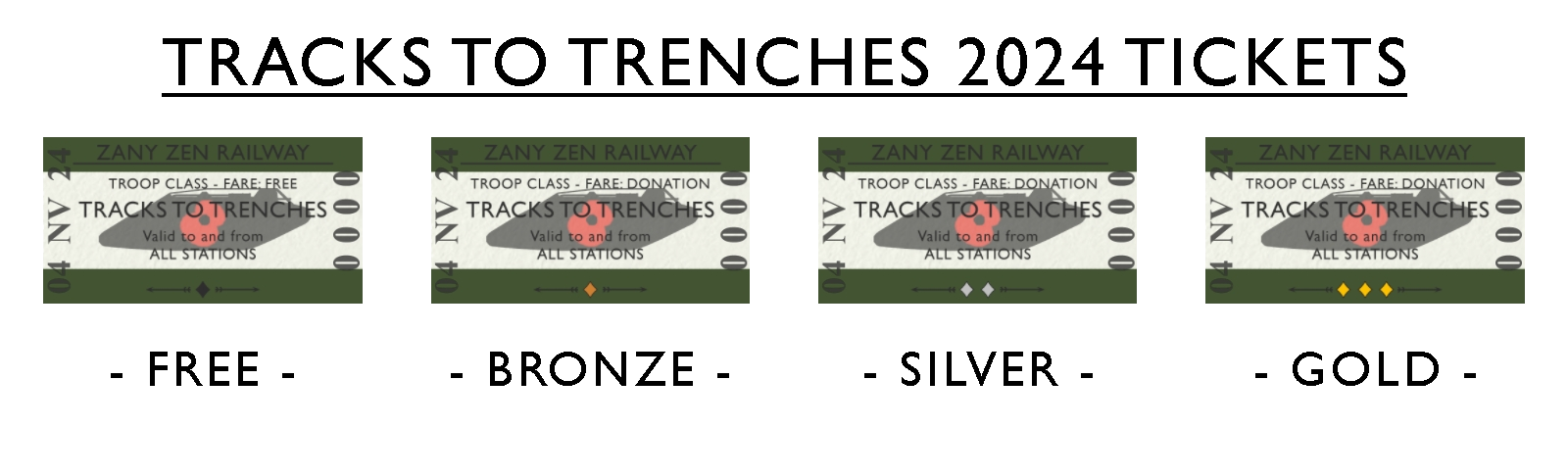 Tracks to Trenches 2024 Ticket designs 