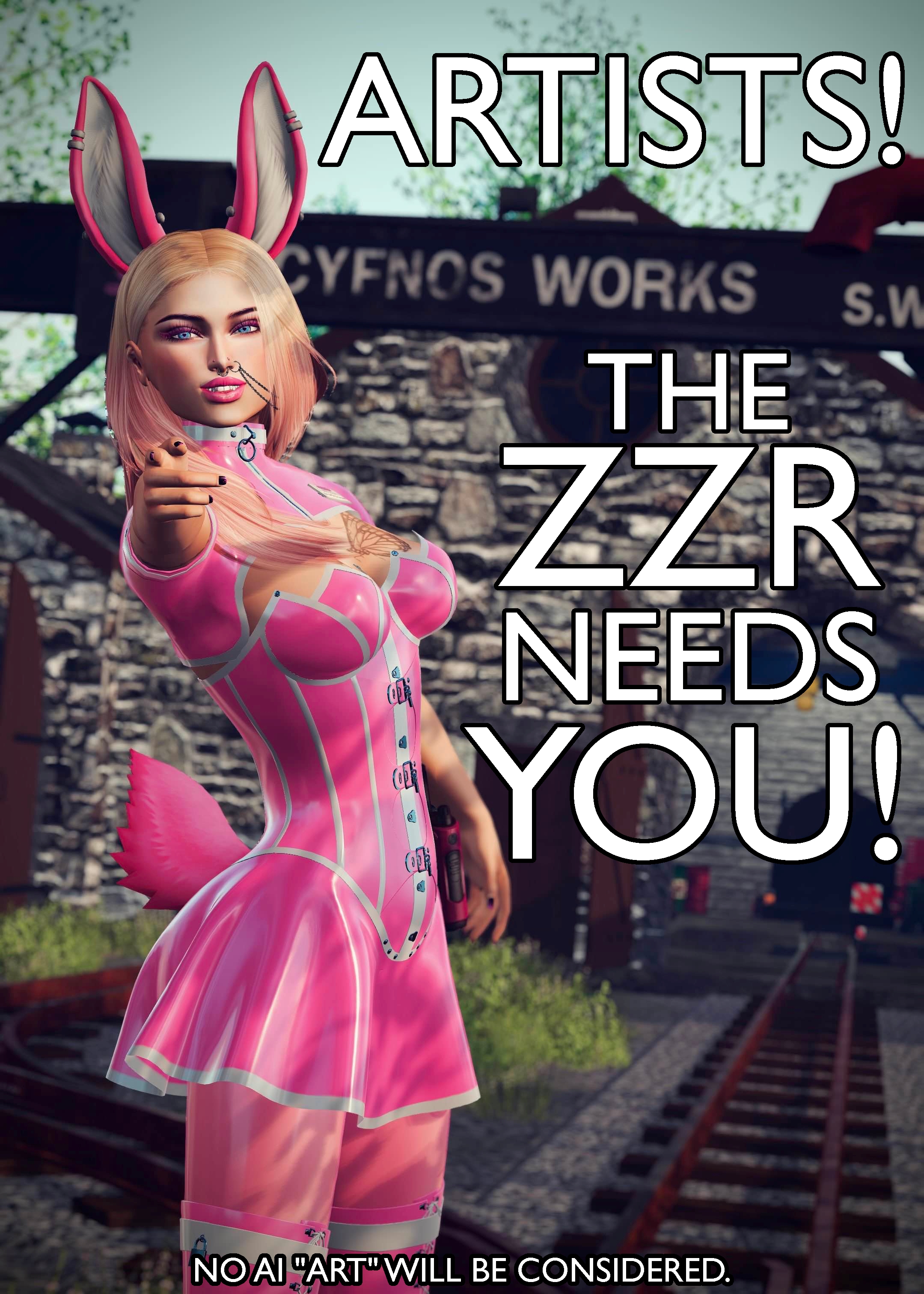 The Zany Zen Pointing directly at the camera with the words ARTISTS! THE ZZR NEEDS YOU! NO AI "ART" WILL BE CONSIDERED