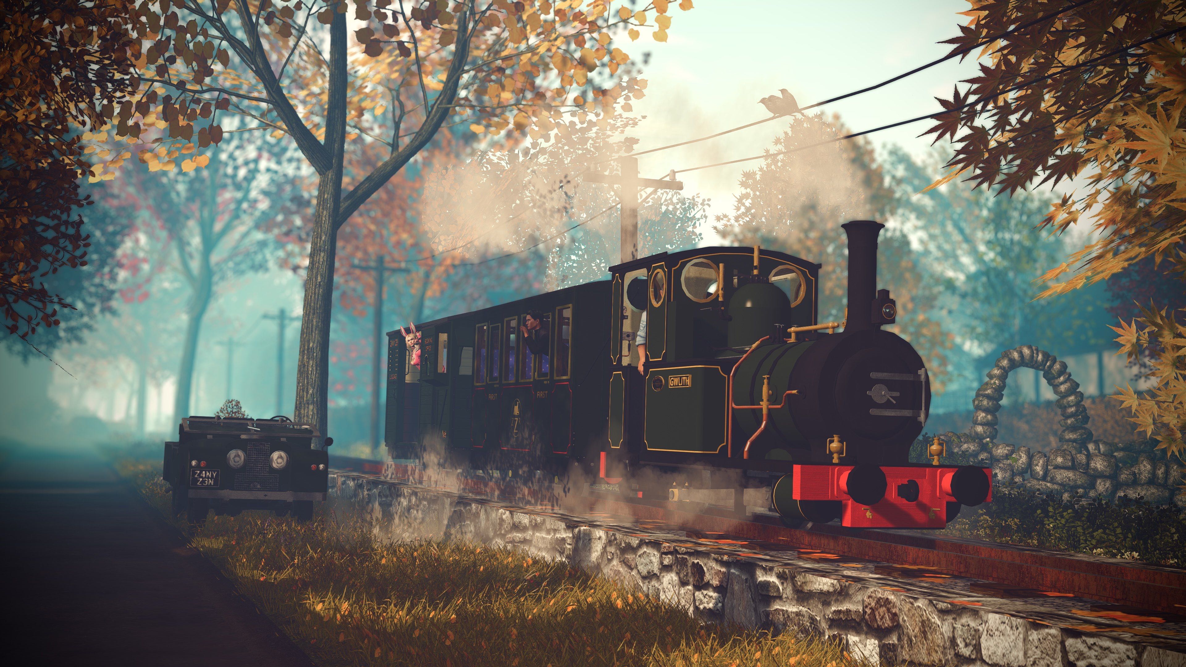 The Zany Zen Railway locomotive Gwlith chuffing through down to Little Coverston through the autumn foliage with Zen and Cuthbert riding.