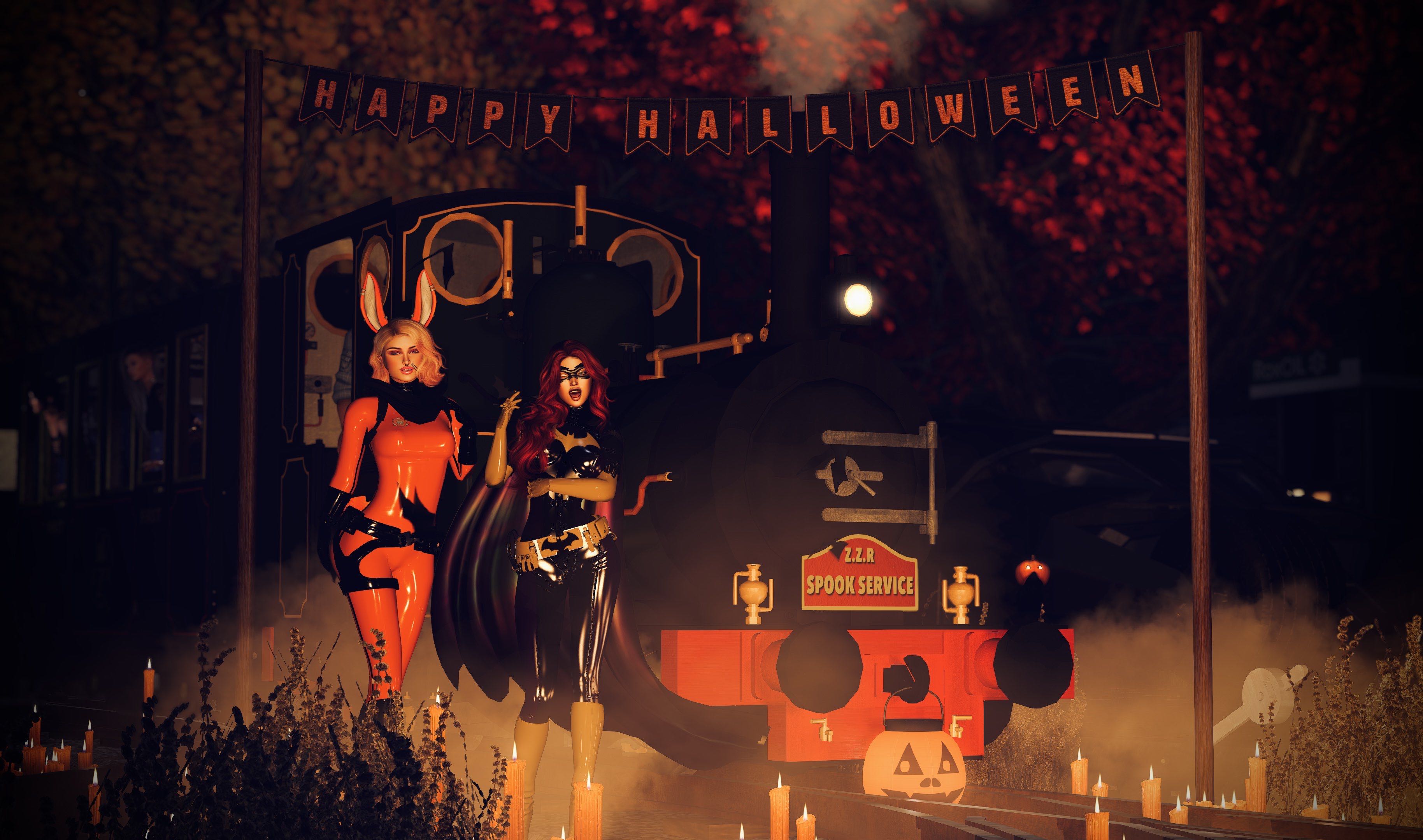 Zen Rabbit and Eesoov Elan in front of the Zany Zen Railway's locomotive Gwlith, with Alexis Scinclair and Jessie in the carriage behind the locomotive, with the words Happy Halloween above them