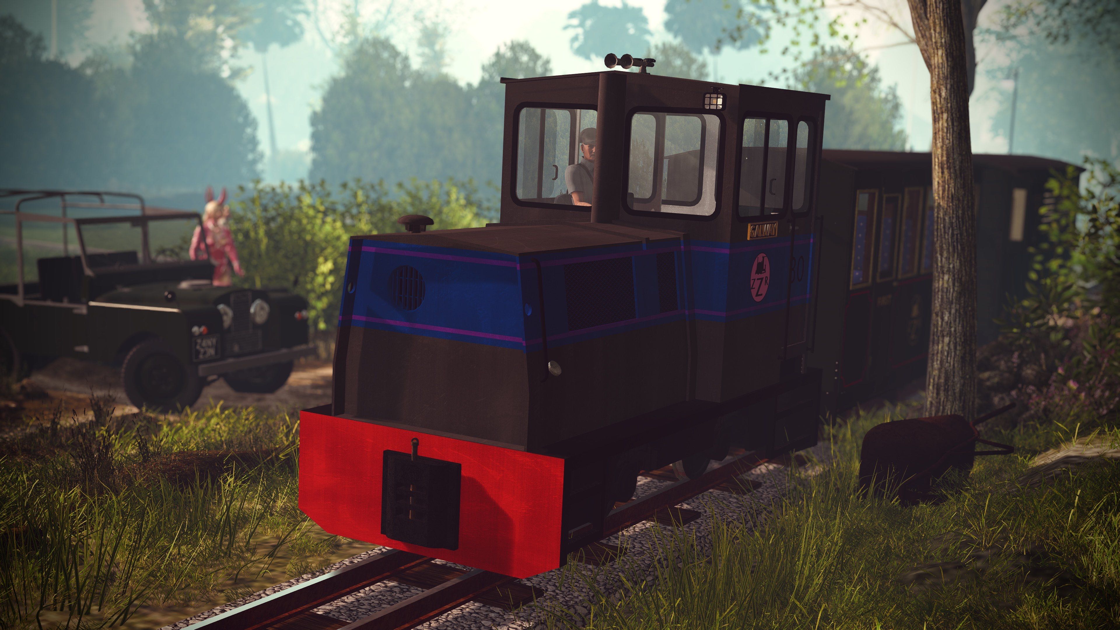 The Zany Zen Railway locomotive Galway moving down the Ahndang section of the ZZR, with a Land Lover in the background
