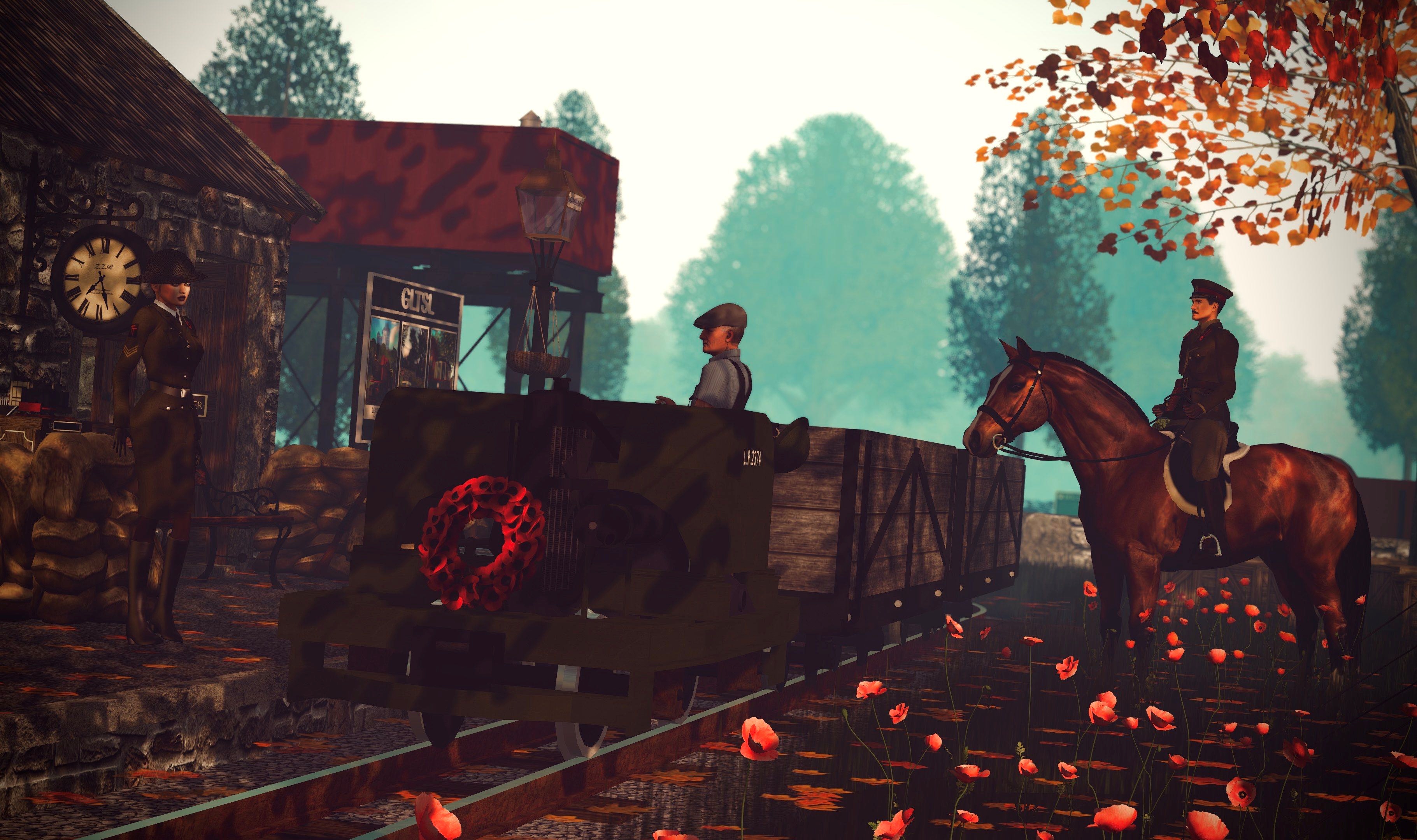 Eesoov Elan and Cuthbert Helendale standing beside the Zany Zen Railway Troop Transport for Tracks to Trenches, surrounded by crates and sandbags.