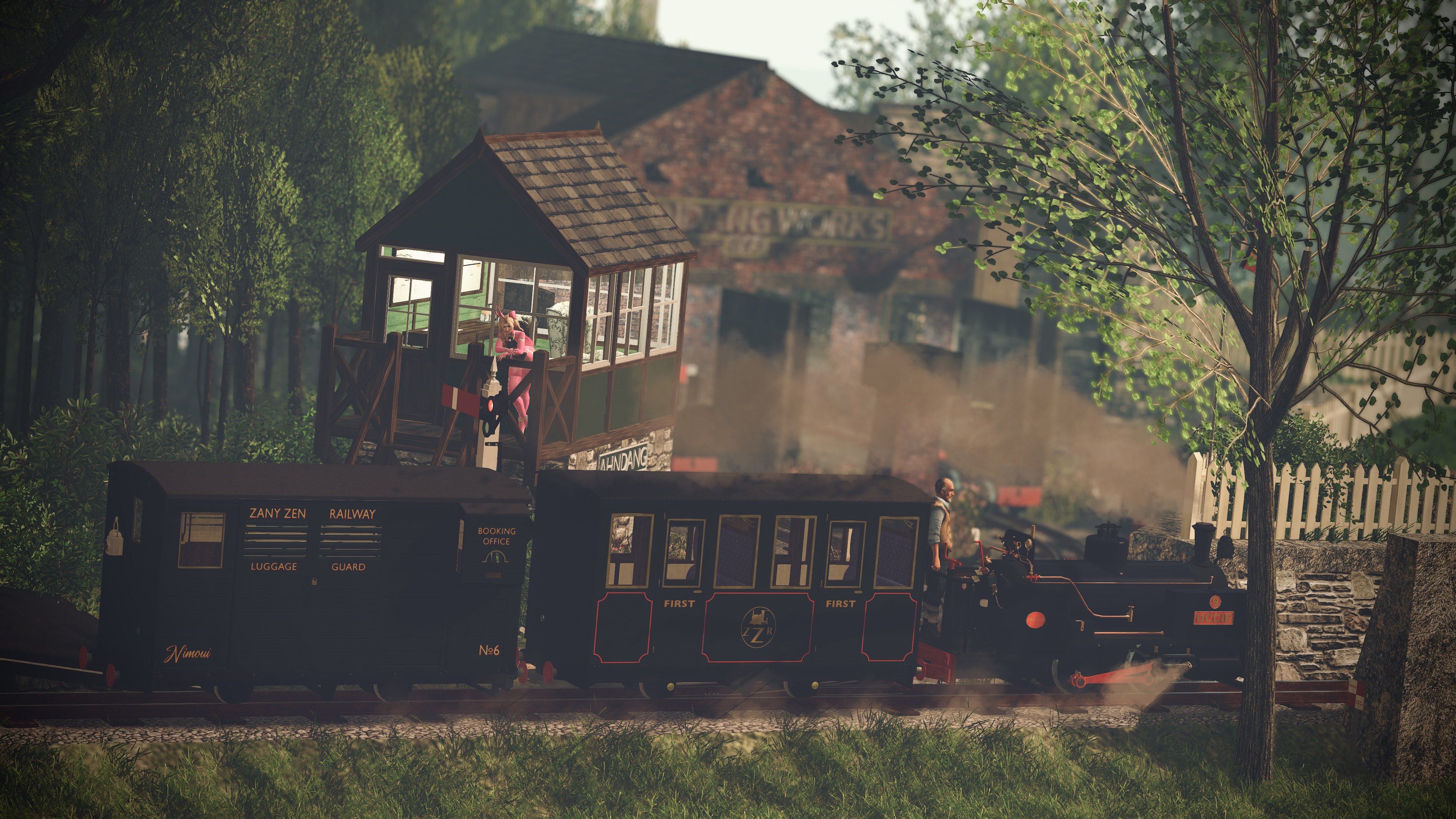 The Zany Zen Railway locomotive Uccie steaming through Ahndang station, past the beautiful background of Ahndang Works