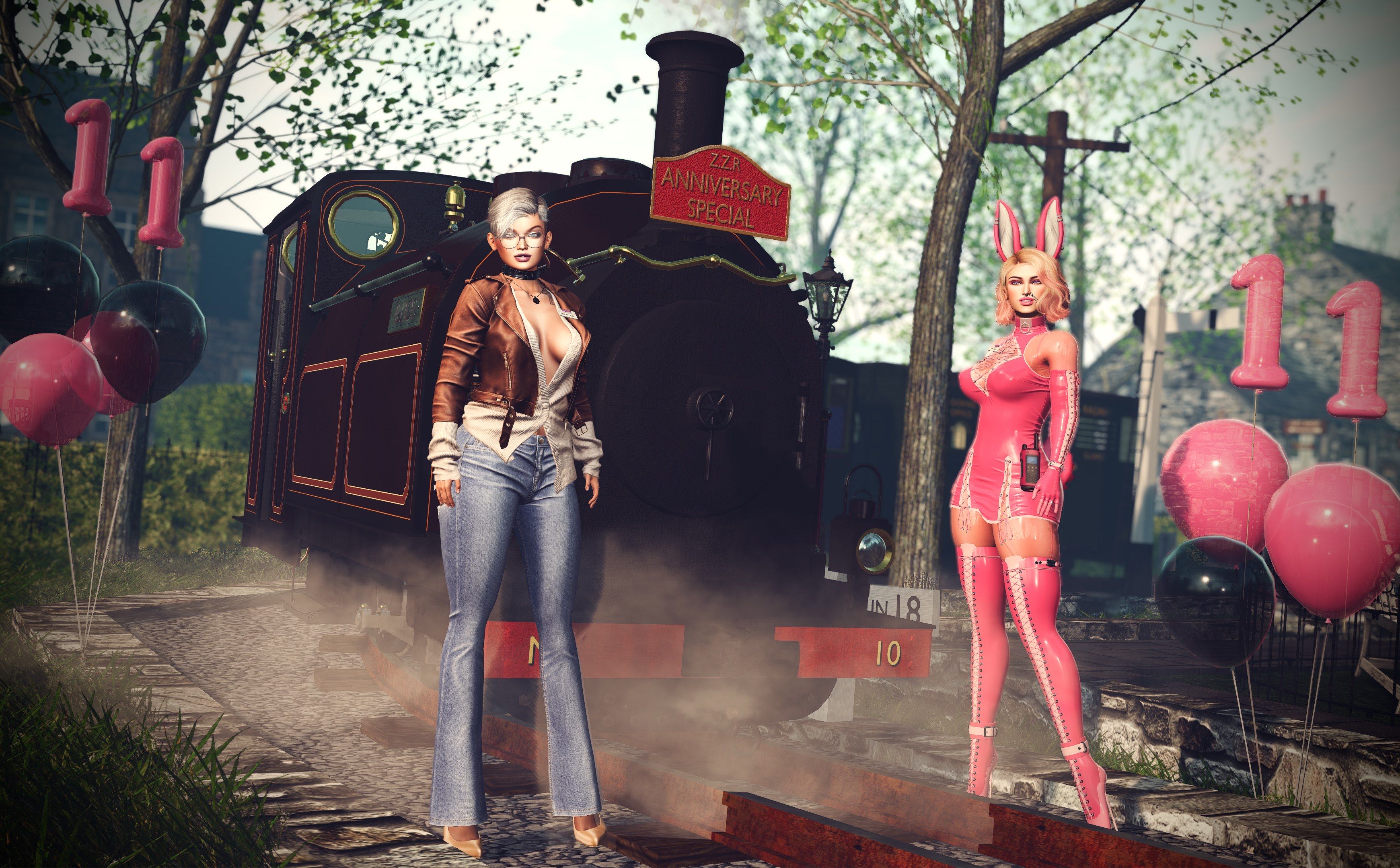 Eesoov Elan and Zen Rabbit standing in front of The Zany Zen Railway locomotive Illios, surrounded by pink and black balloons, with the number 11.
