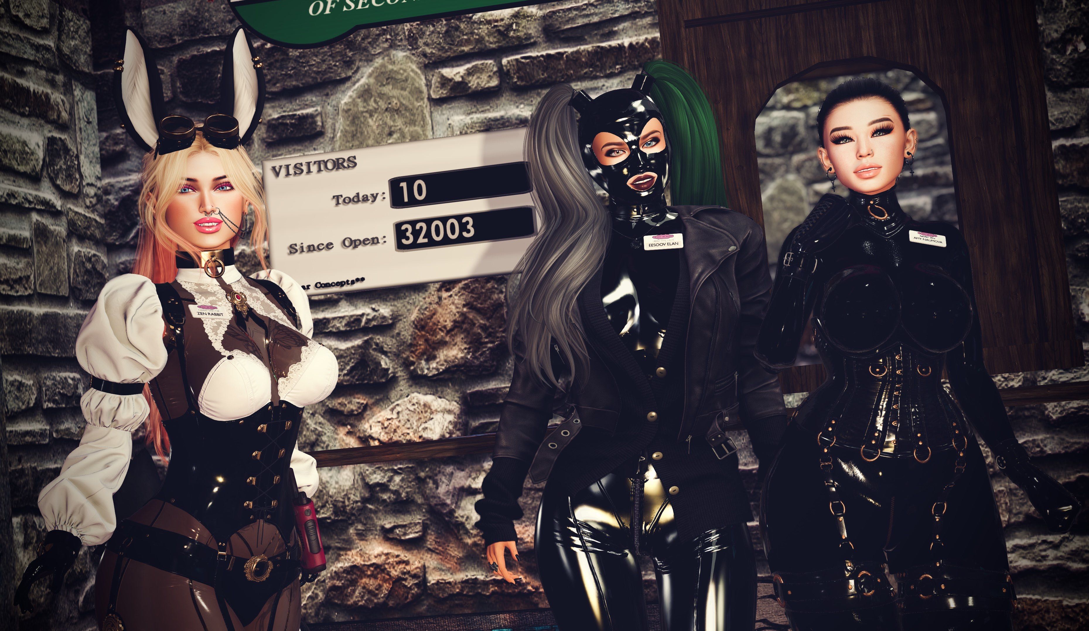 The Zany Zen, Eesoov Elan, and Amy Naumova Standing smiling in front of a visitor counter saying 32000 since opening