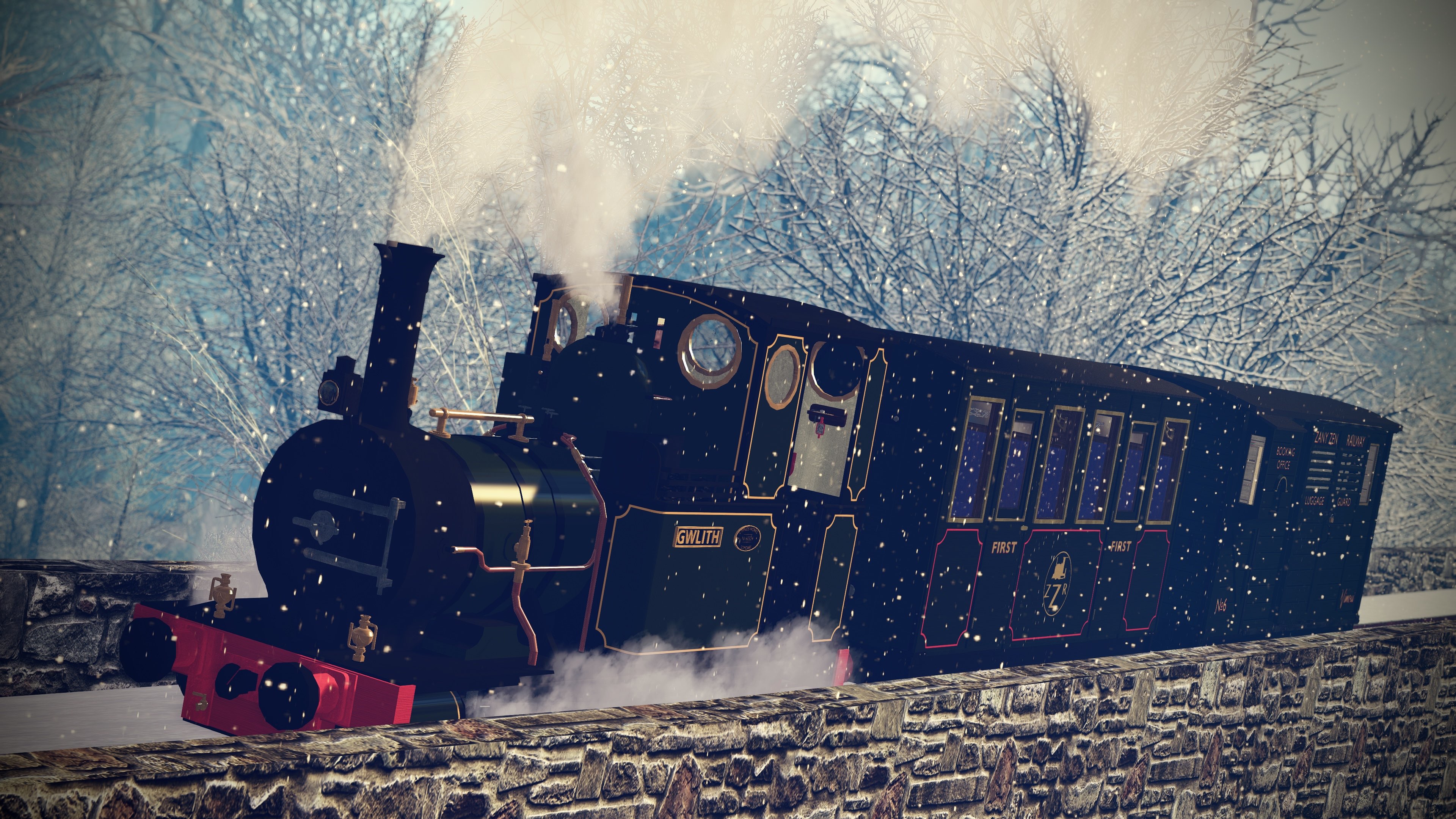 The Zany Zen Railway locomotive Gwlith steaming over the Seogyeo Viaduct through the snow