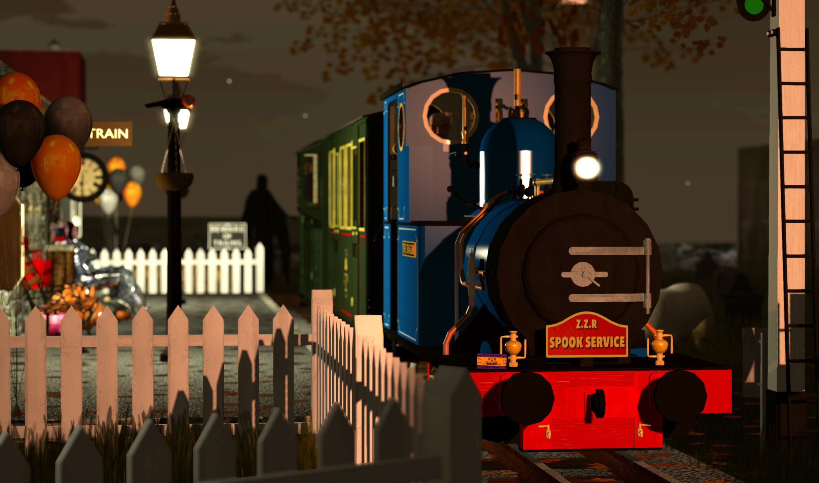 A picture of The Dragon waiting in Somdari Station with a ZZR Spook Service delicately laying on the buffer beam