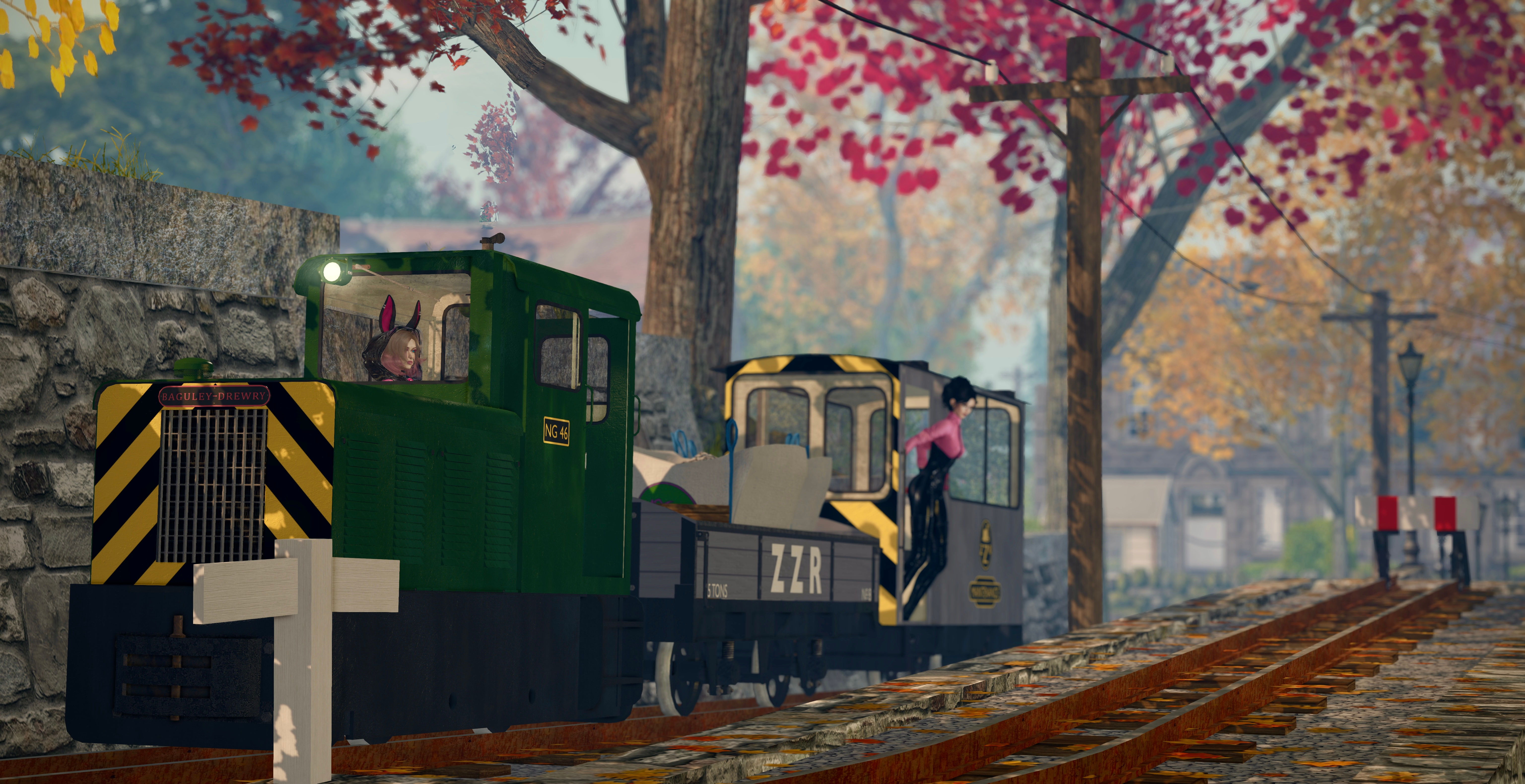 The Zany Zen Railway P-way train working its way up Seogyeo Hill, with The Zany Zen driving and Alexis Sinclair leaning out of the brakevan.